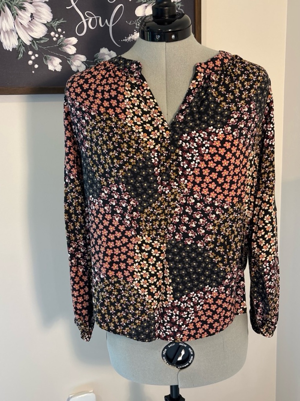 LOFT Black and Pink Floral Patchwork Button-Down Blouse